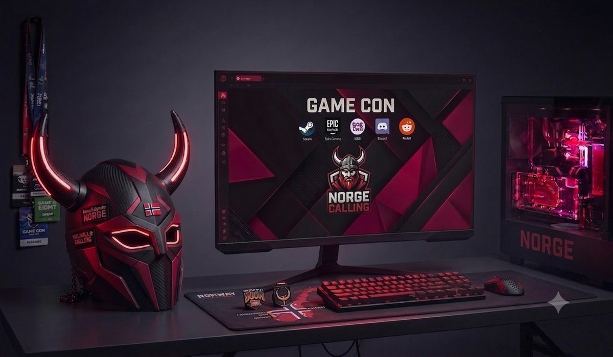 Игровое рабочее место с браузером Opera GX на мониторе: клавиатура, мышь и системный блок с подсветкой
